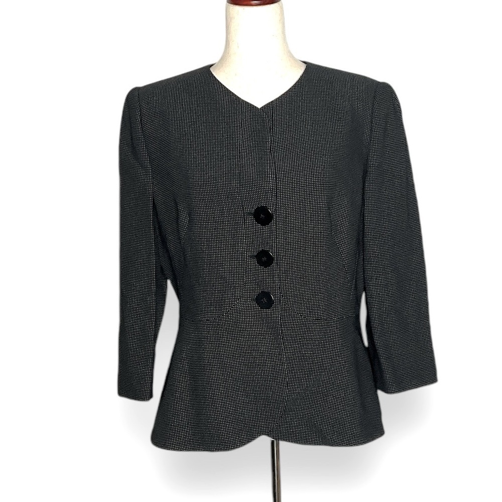 Armani Collezioni Black White Micro Stitch Button Down Peplum Blazer Size 12